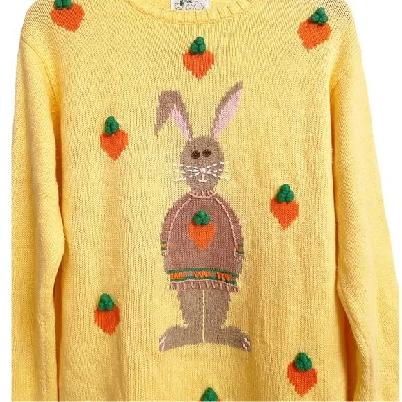 Vintage Quacker Factory Easter Bunny Rabbit Carrot Yellow Orange Sweater Medium - Picture 2 of 6